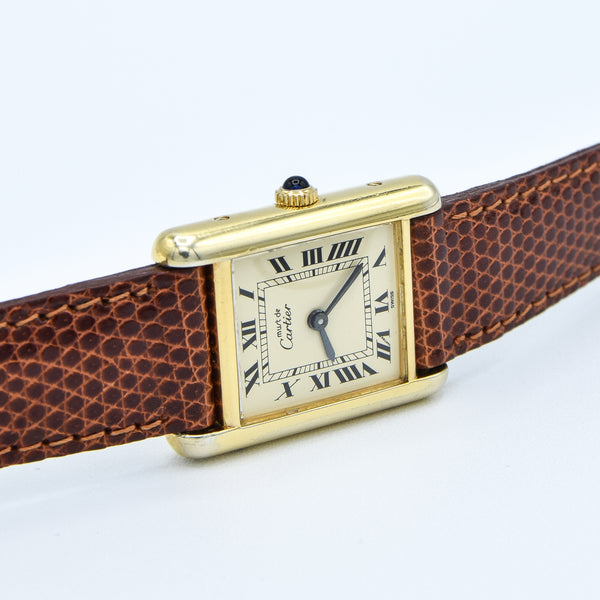 1980s Cartier Ladies Tank 925 Sterling Silver Gilt Vermeil Mechanical Manual Wind with Classic Roman Dial