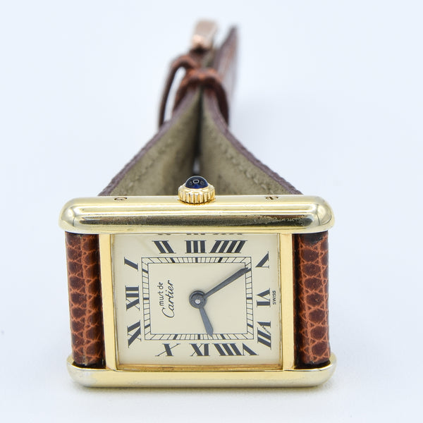 1980s Cartier Ladies Tank 925 Sterling Silver Gilt Vermeil Mechanical Manual Wind with Classic Roman Dial