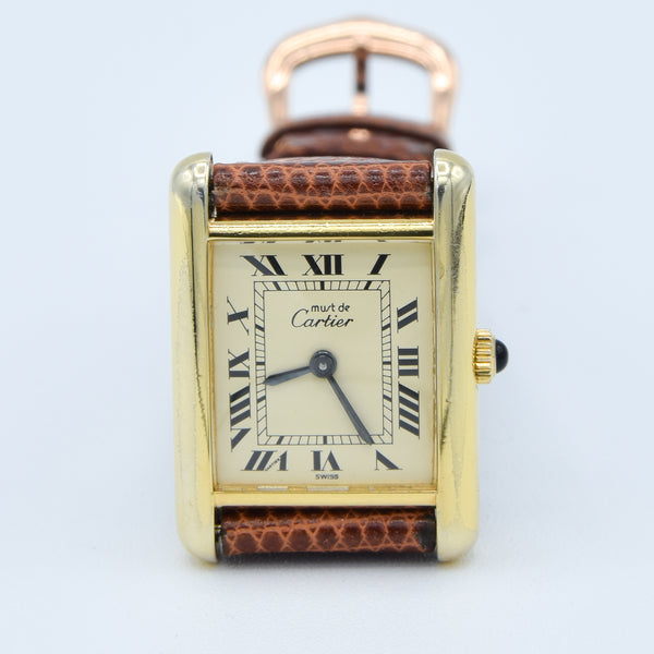 1980s Cartier Ladies Tank 925 Sterling Silver Gilt Vermeil Mechanical Manual Wind with Classic Roman Dial