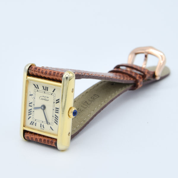 1980s Cartier Ladies Tank 925 Sterling Silver Gilt Vermeil Mechanical Manual Wind with Classic Roman Dial