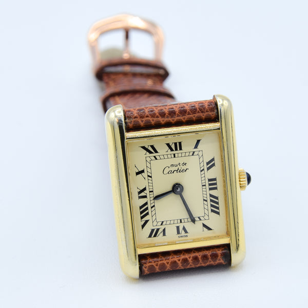 1980s Cartier Ladies Tank 925 Sterling Silver Gilt Vermeil Mechanical Manual Wind with Classic Roman Dial
