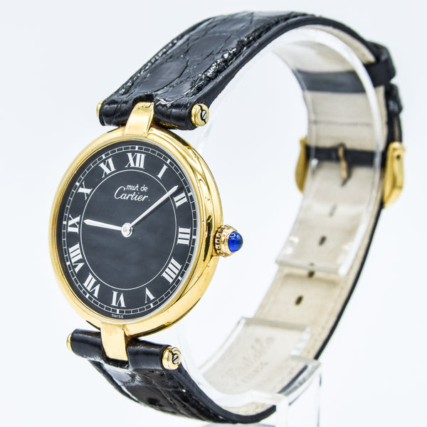 1990s Rare Black Roman Numeral Dial Unisex Cartier 'Must de' Ronde Vendôme in 925 Sterling Silver Gilt Vermeil Case