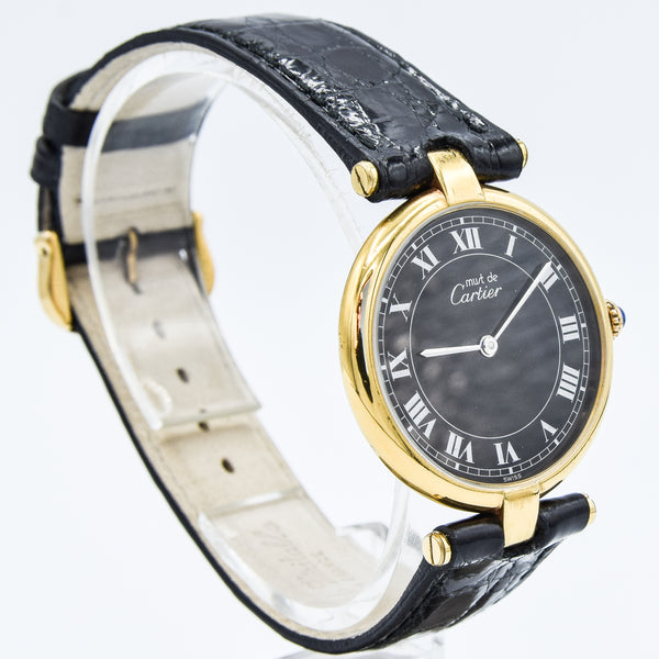 1990s Rare Black Roman Numeral Dial Unisex Cartier 'Must de' Ronde Vendôme in 925 Sterling Silver Gilt Vermeil Case