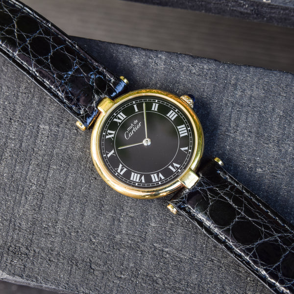 1990s Rare Black Roman Numeral Dial Unisex Cartier 'Must de' Ronde Vendôme in 925 Sterling Silver Gilt Vermeil Case