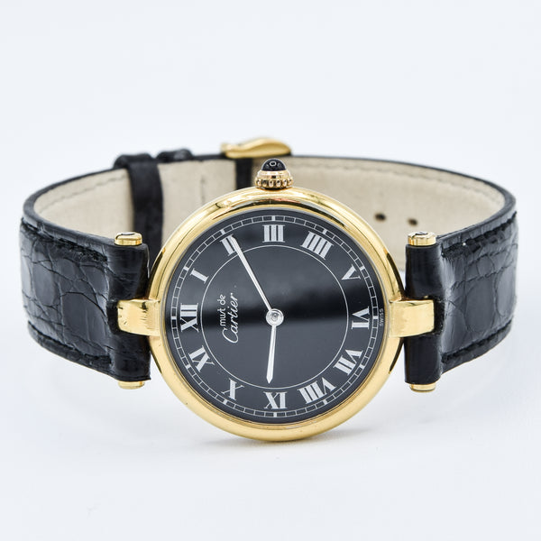 1990s Rare Black Roman Numeral Dial Unisex Cartier 'Must de' Ronde Vendôme in 925 Sterling Silver Gilt Vermeil Case