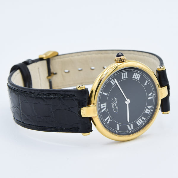 1990s Rare Black Roman Numeral Dial Unisex Cartier 'Must de' Ronde Vendôme in 925 Sterling Silver Gilt Vermeil Case
