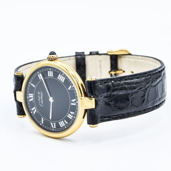 1990s Rare Black Roman Numeral Dial Unisex Cartier 'Must de' Ronde Vendôme in 925 Sterling Silver Gilt Vermeil Case
