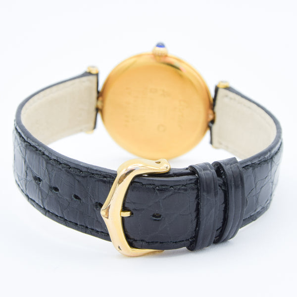 1990s Rare Black Roman Numeral Dial Unisex Cartier 'Must de' Ronde Vendôme in 925 Sterling Silver Gilt Vermeil Case