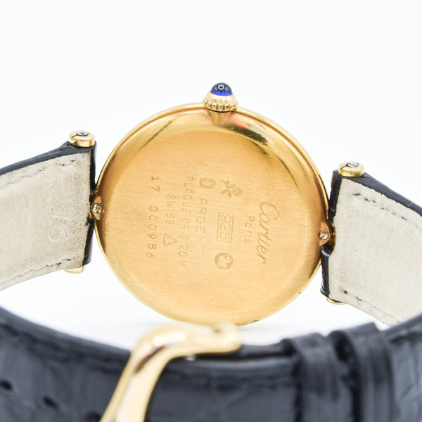 1990s Rare Black Roman Numeral Dial Unisex Cartier 'Must de' Ronde Vendôme in 925 Sterling Silver Gilt Vermeil Case