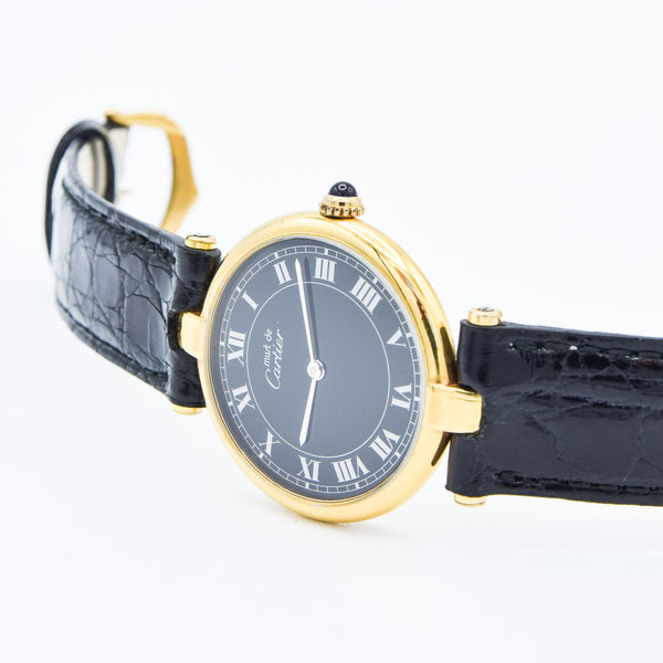 1990s Rare Black Roman Numeral Dial Unisex Cartier 'Must de' Ronde Vendôme in 925 Sterling Silver Gilt Vermeil Case