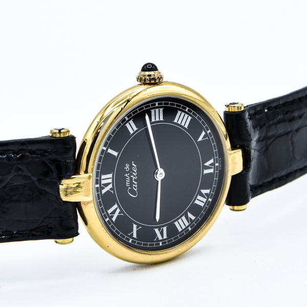 1990s Rare Black Roman Numeral Dial Unisex Cartier 'Must de' Ronde Vendôme in 925 Sterling Silver Gilt Vermeil Case