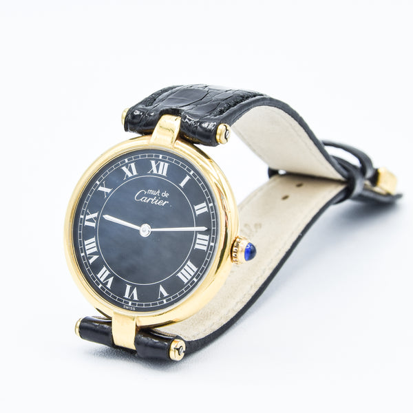 1990s Rare Black Roman Numeral Dial Unisex Cartier 'Must de' Ronde Vendôme in 925 Sterling Silver Gilt Vermeil Case