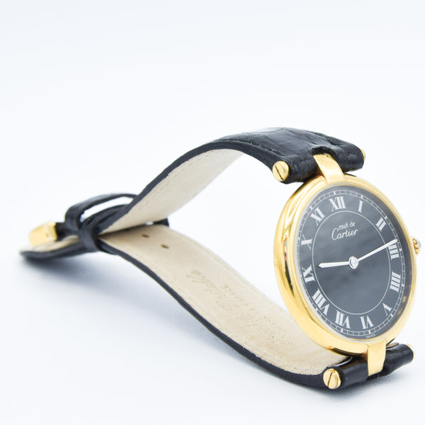 1990s Rare Black Roman Numeral Dial Unisex Cartier 'Must de' Ronde Vendôme in 925 Sterling Silver Gilt Vermeil Case