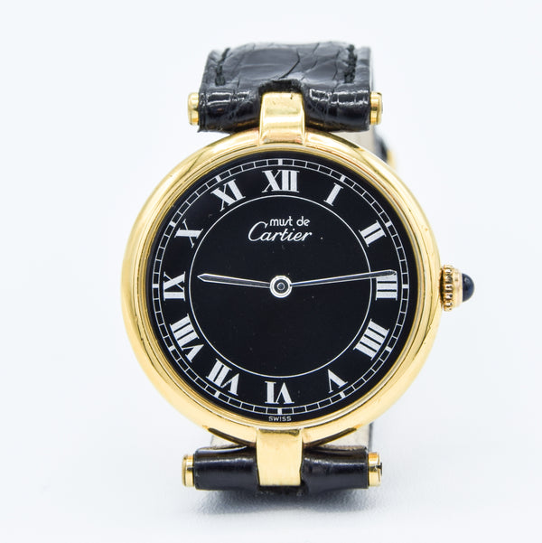 1990s Rare Black Roman Numeral Dial Unisex Cartier 'Must de' Ronde Vendôme in 925 Sterling Silver Gilt Vermeil Case
