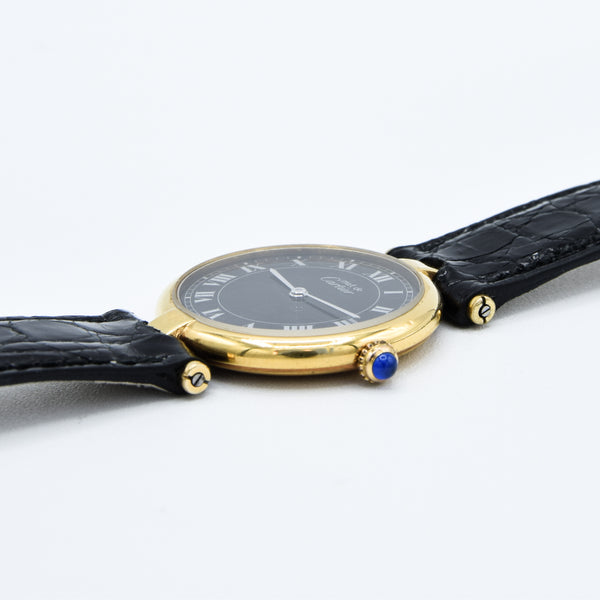 1990s Rare Black Roman Numeral Dial Unisex Cartier 'Must de' Ronde Vendôme in 925 Sterling Silver Gilt Vermeil Case