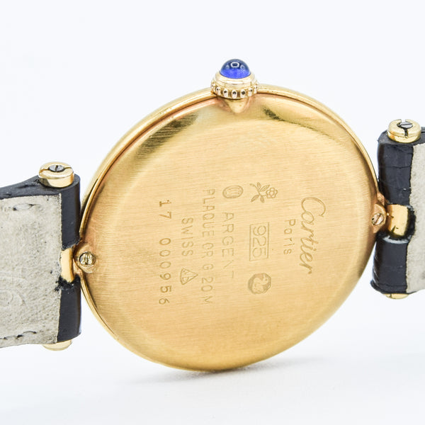 1990s Rare Black Roman Numeral Dial Unisex Cartier 'Must de' Ronde Vendôme in 925 Sterling Silver Gilt Vermeil Case