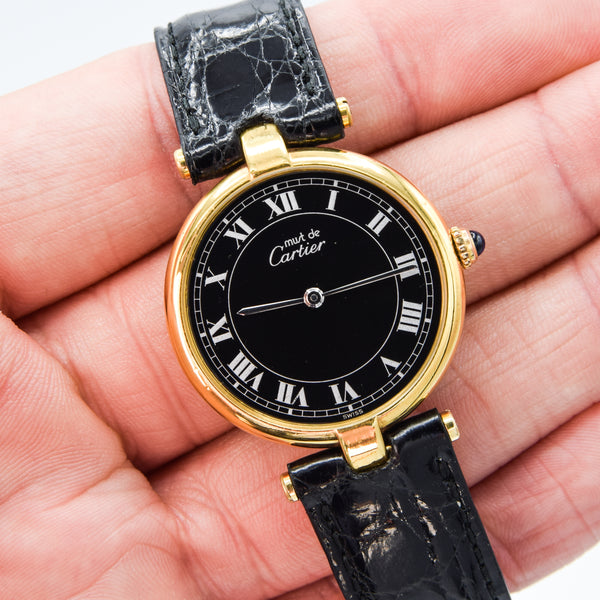 1990s Rare Black Roman Numeral Dial Unisex Cartier 'Must de' Ronde Vendôme in 925 Sterling Silver Gilt Vermeil Case