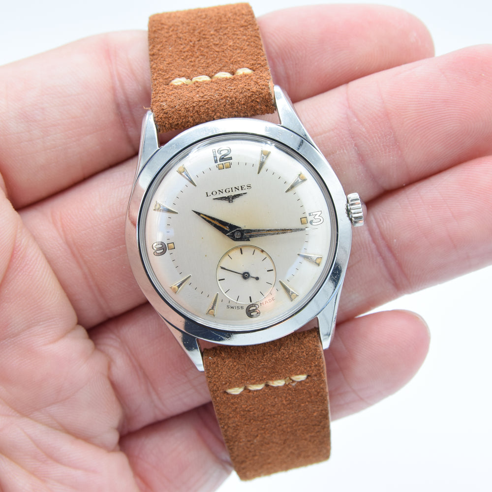 1953 Longines Manual Wind Wristwatch Model 6402 with Gorgeous Original Two Tone Dial Cal 23z