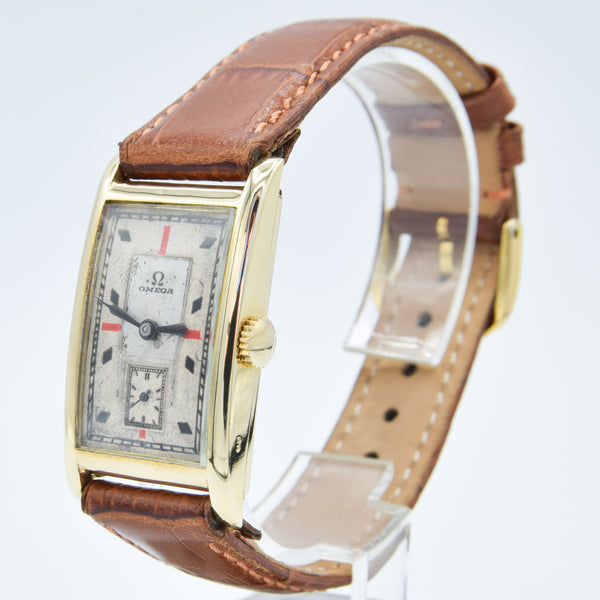 1934 Omega with Red and Black Markers in 14ct Gold Deco Shaped Rectangular Case with Rare Caliber 20F