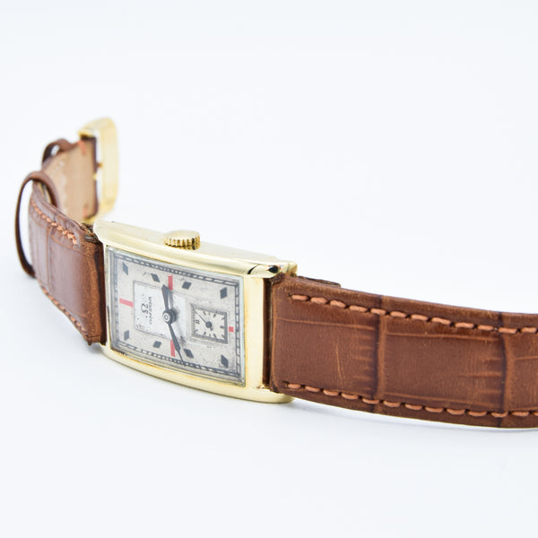 1934 Omega with Red and Black Markers in 14ct Gold Deco Shaped Rectangular Case with Rare Caliber 20F