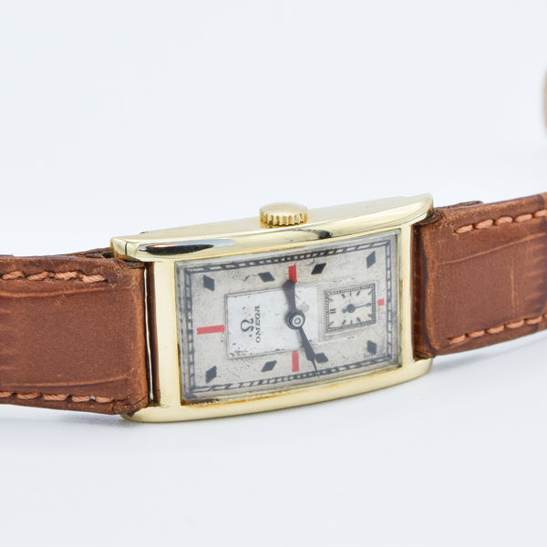 1934 Omega with Red and Black Markers in 14ct Gold Deco Shaped Rectangular Case with Rare Caliber 20F