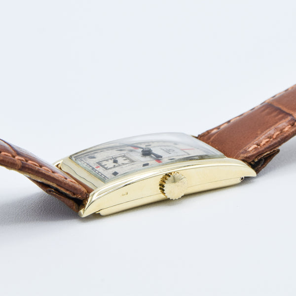 1934 Omega with Red and Black Markers in 14ct Gold Deco Shaped Rectangular Case with Rare Caliber 20F