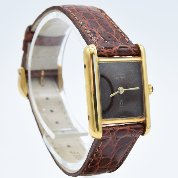 1970s Cartier Ladies Tank Mechanical Manual Wind with Unique Patina Dial in 925 Sterling Silver Gilt Vermeil Case