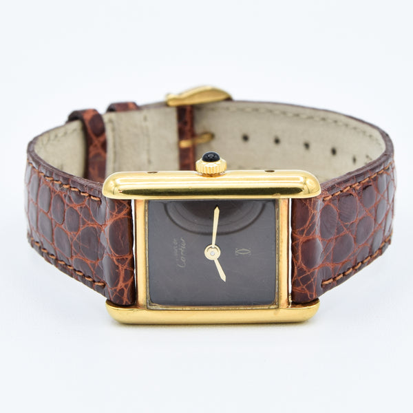 1970s Cartier Ladies Tank Mechanical Manual Wind with Unique Patina Dial in 925 Sterling Silver Gilt Vermeil Case