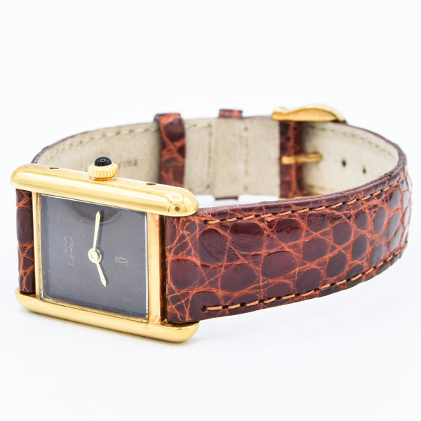 1970s Cartier Ladies Tank Mechanical Manual Wind with Unique Patina Dial in 925 Sterling Silver Gilt Vermeil Case