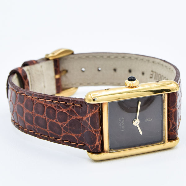 1970s Cartier Ladies Tank Mechanical Manual Wind with Unique Patina Dial in 925 Sterling Silver Gilt Vermeil Case