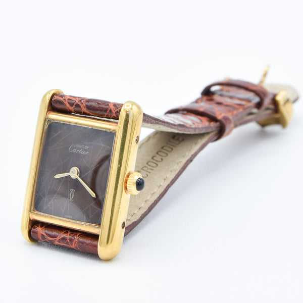 1970s Cartier Ladies Tank Mechanical Manual Wind with Unique Patina Dial in 925 Sterling Silver Gilt Vermeil Case