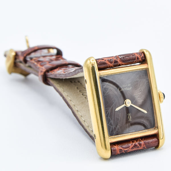 1970s Cartier Ladies Tank Mechanical Manual Wind with Unique Patina Dial in 925 Sterling Silver Gilt Vermeil Case