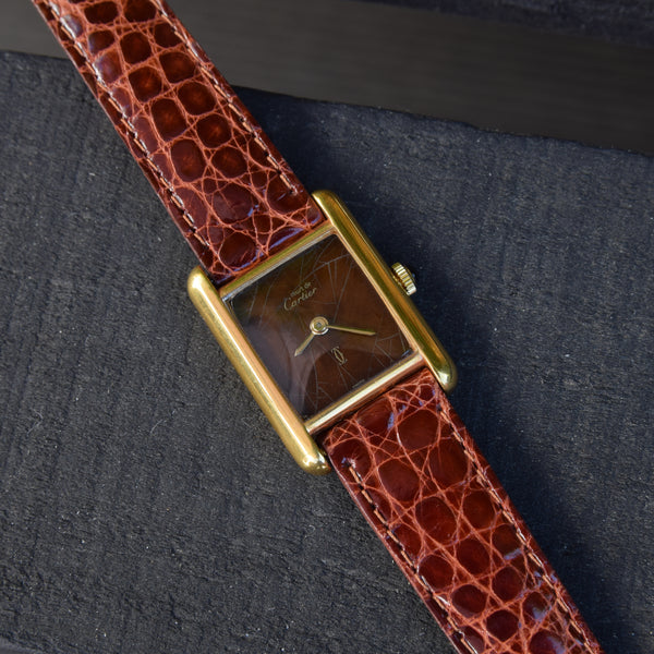 1970s Cartier Ladies Tank Mechanical Manual Wind with Unique Patina Dial in 925 Sterling Silver Gilt Vermeil Case