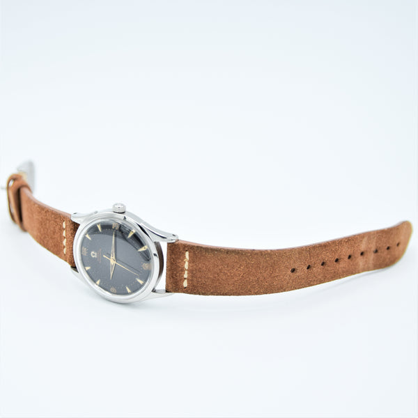 1947 Omega Early Bumper Automatic with Rare Patina Black Dial Model 2582 in Stainless Steel