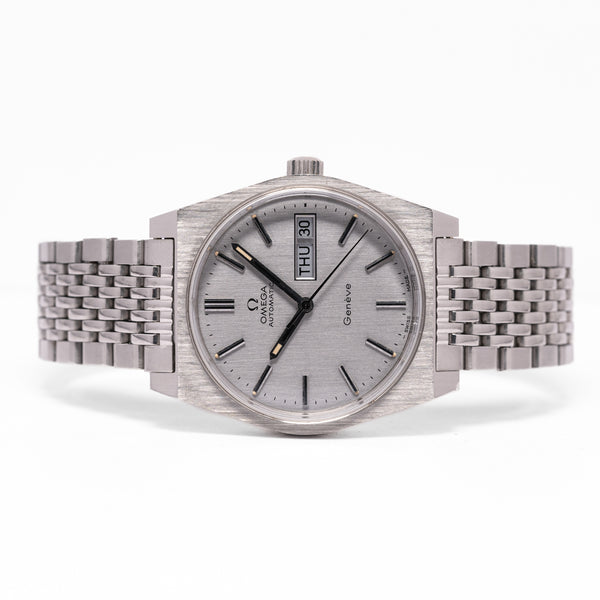 1972 Rare and Unusual Omega Geneve Day Date Automatic Wristwatch Model 166.0120 on Flat Beads of Rice Bracelet