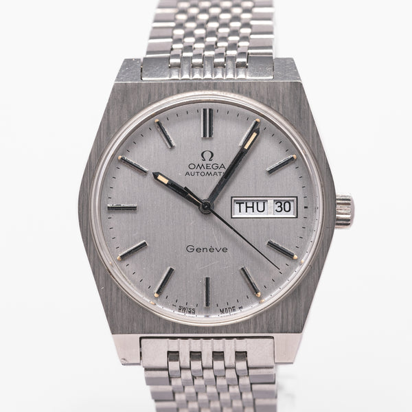 1972 Rare and Unusual Omega Geneve Day Date Automatic Wristwatch Model 166.0120 on Flat Beads of Rice Bracelet