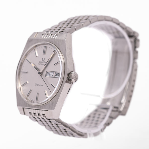 1972 Rare and Unusual Omega Geneve Day Date Automatic Wristwatch Model 166.0120 on Flat Beads of Rice Bracelet