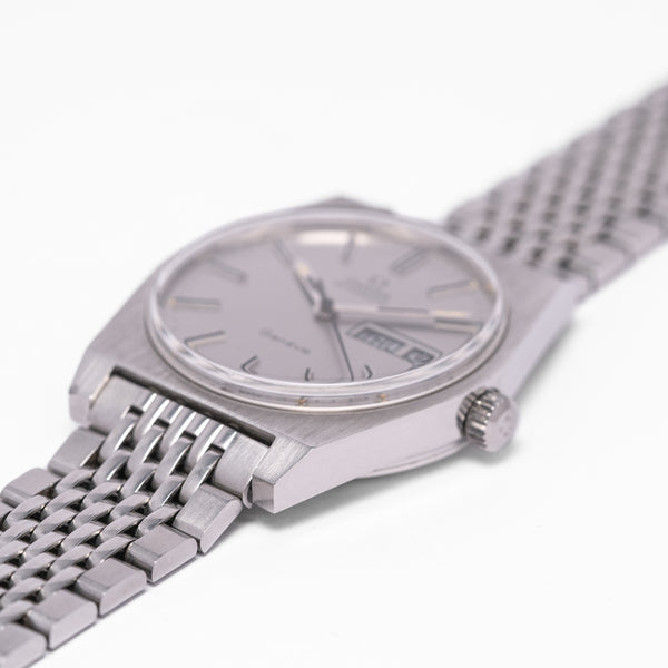 1972 Rare and Unusual Omega Geneve Day Date Automatic Wristwatch Model 166.0120 on Flat Beads of Rice Bracelet