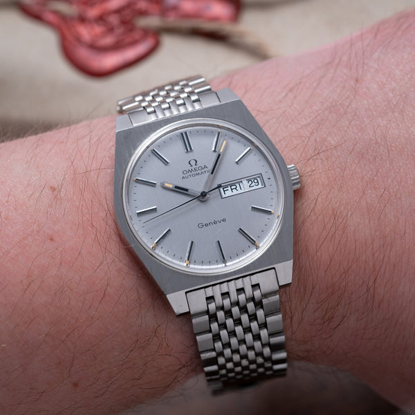1972 Rare and Unusual Omega Geneve Day Date Automatic Wristwatch Model 166.0120 on Flat Beads of Rice Bracelet