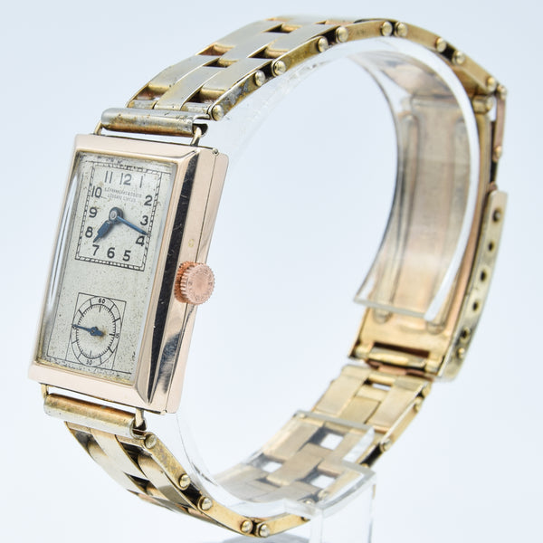 1933 E.J. Frankland & Co. Ltd, Ludgate Circus Rectangular Early Deco Special Doctors Duo Dial Wristwatch in 9ct Gold English-Made Case