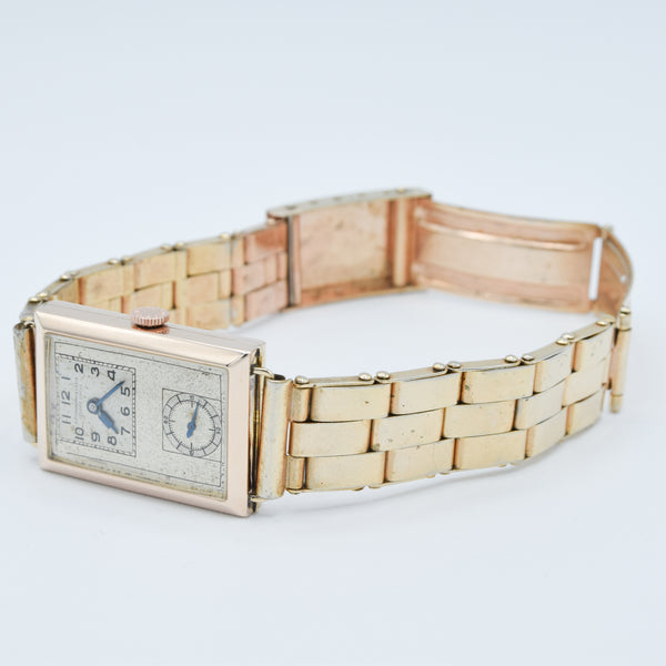 1933 E.J. Frankland & Co. Ltd, Ludgate Circus Rectangular Early Deco Special Doctors Duo Dial Wristwatch in 9ct Gold English-Made Case