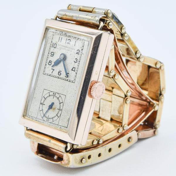 1933 E.J. Frankland & Co. Ltd, Ludgate Circus Rectangular Early Deco Special Doctors Duo Dial Wristwatch in 9ct Gold English-Made Case