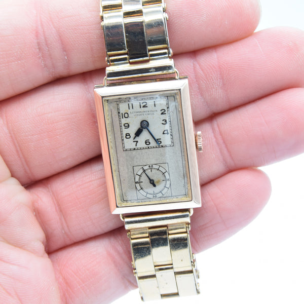 1933 E.J. Frankland & Co. Ltd, Ludgate Circus Rectangular Early Deco Special Doctors Duo Dial Wristwatch in 9ct Gold English-Made Case