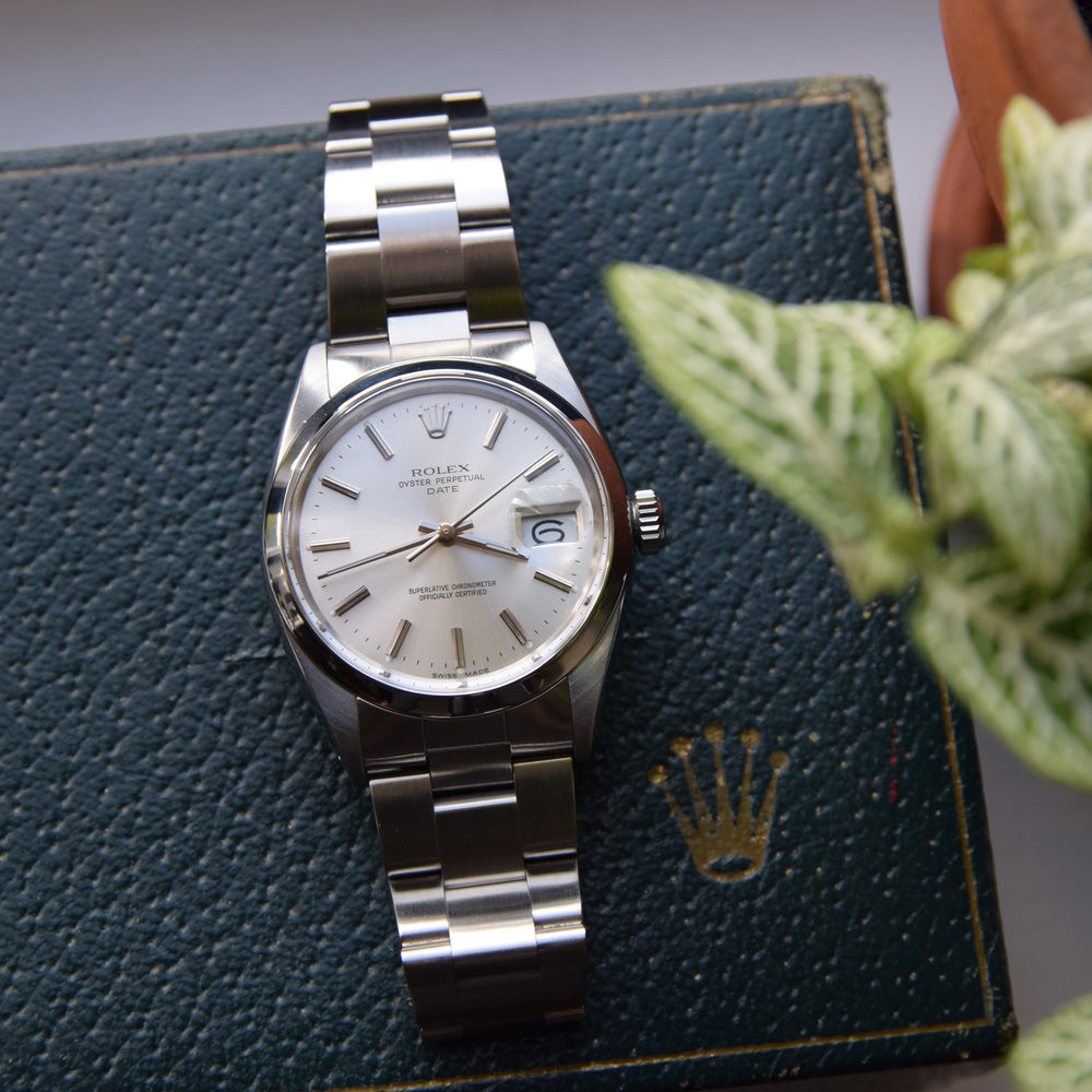 1965 Rolex Oyster Perpetual Date Model 1500 with Silvered Dial in Stainless Steel on Oyster Bracelet