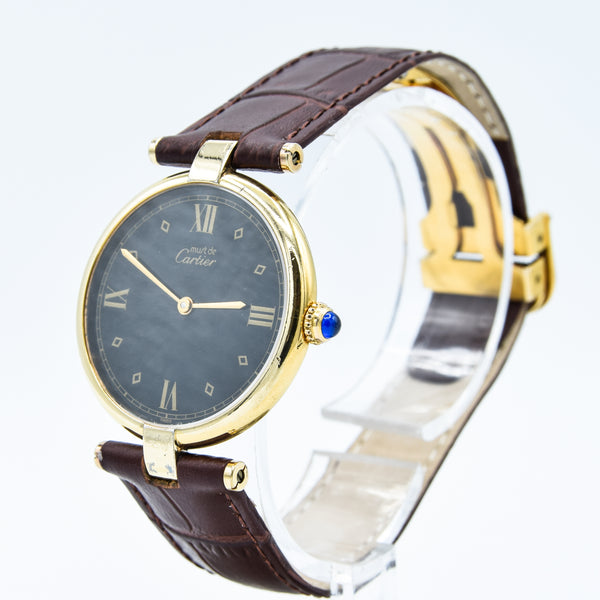 1990s Rare Black Spider Web Dial Unisex Cartier 'Must de' Ronde Vendôme in 925 Sterling Silver Gilt Vermeil Case