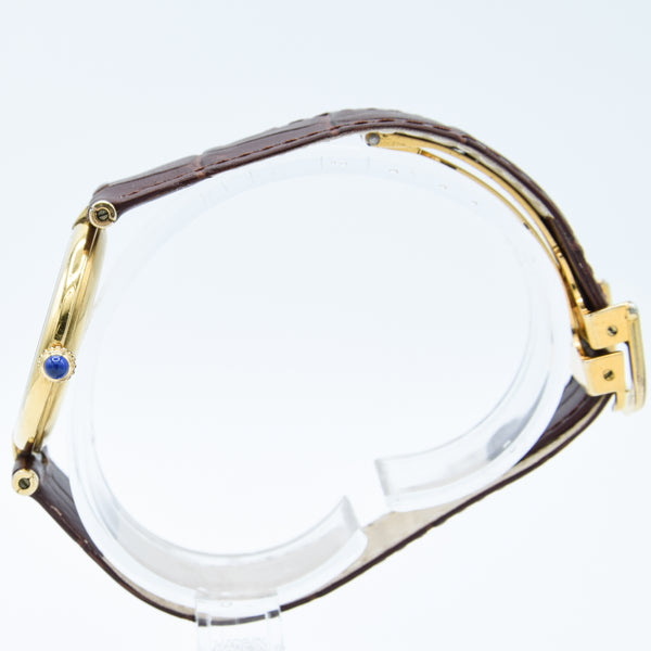 1990s Rare Black Spider Web Dial Unisex Cartier 'Must de' Ronde Vendôme in 925 Sterling Silver Gilt Vermeil Case