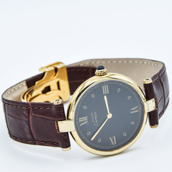 1990s Rare Black Spider Web Dial Unisex Cartier 'Must de' Ronde Vendôme in 925 Sterling Silver Gilt Vermeil Case