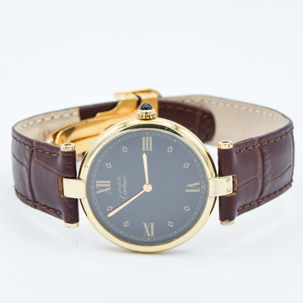 1990s Rare Black Spider Web Dial Unisex Cartier 'Must de' Ronde Vendôme in 925 Sterling Silver Gilt Vermeil Case