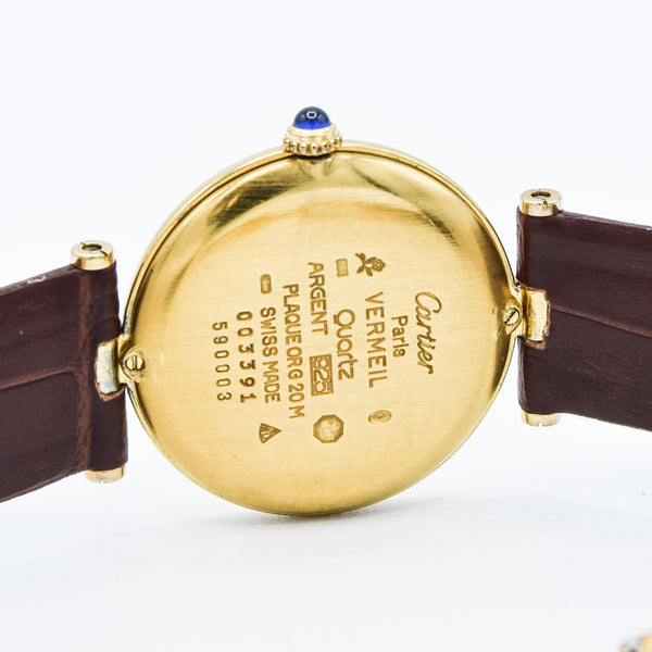 1990s Rare Black Spider Web Dial Unisex Cartier 'Must de' Ronde Vendôme in 925 Sterling Silver Gilt Vermeil Case