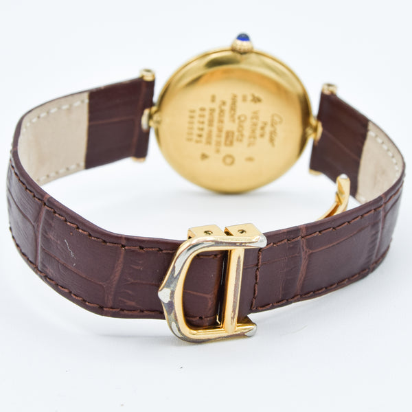 1990s Rare Black Spider Web Dial Unisex Cartier 'Must de' Ronde Vendôme in 925 Sterling Silver Gilt Vermeil Case